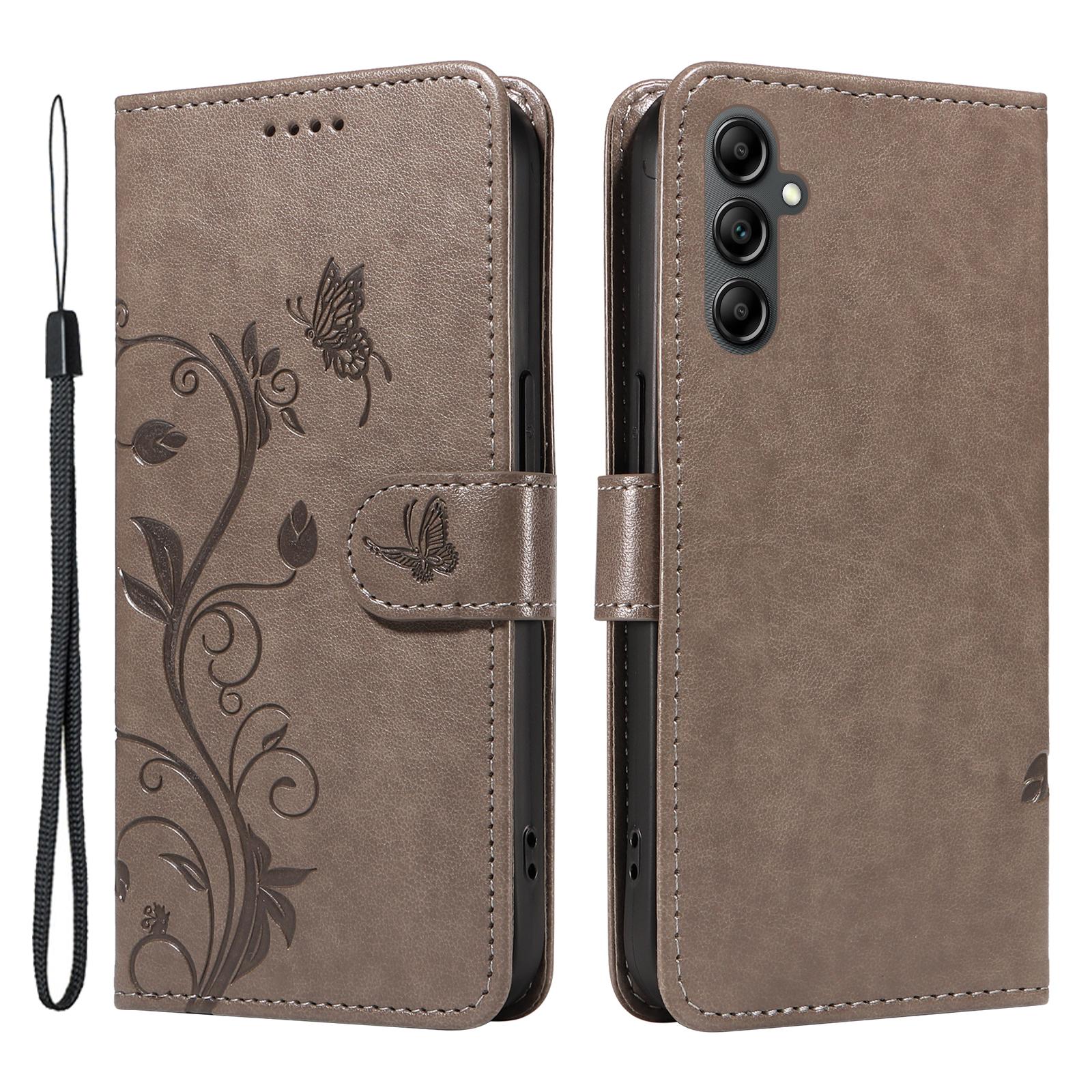 

For Samsung Galaxy S23 FE PU Leather Cases Flower Pattern Wallet Stand Phone Cover with Strap Grey