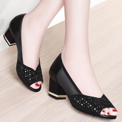 Women's Summer Fish Mouth Chunky Heel Breathable Hollow Out Women's Shoes Chunky Heel Casual Sandals