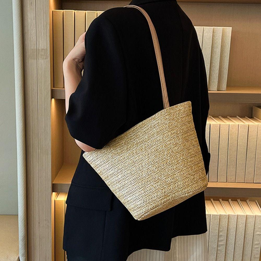Large Capacity Straw Bucket Bag Solid Color Shoulder Bag Fashion Summer Beach Tote  Girls