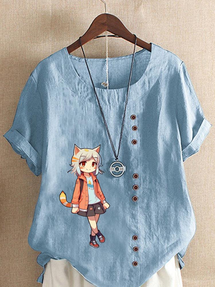 Women's Fashion Cute Girl Print Shot Sleeve T-shirt Loose Cotton Shirt Casual Loose Summer Blouse Tops Plus Size