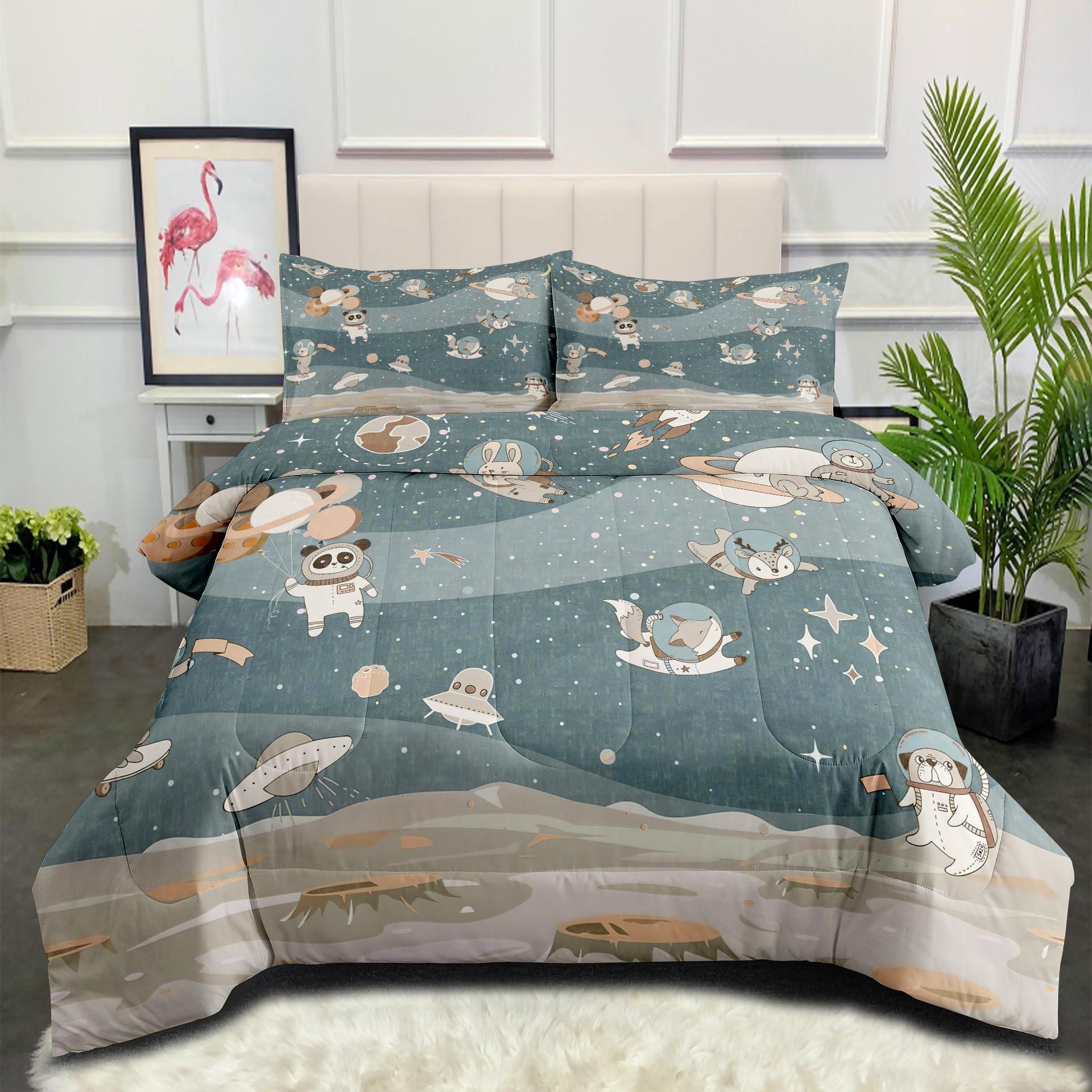 

Space Galaxy Astronaut Comfortable Brushed Printing Fat Quilt Feather Silk Cotton Thickened Filled Quilt Cover Three-piece Set 140*200cm
