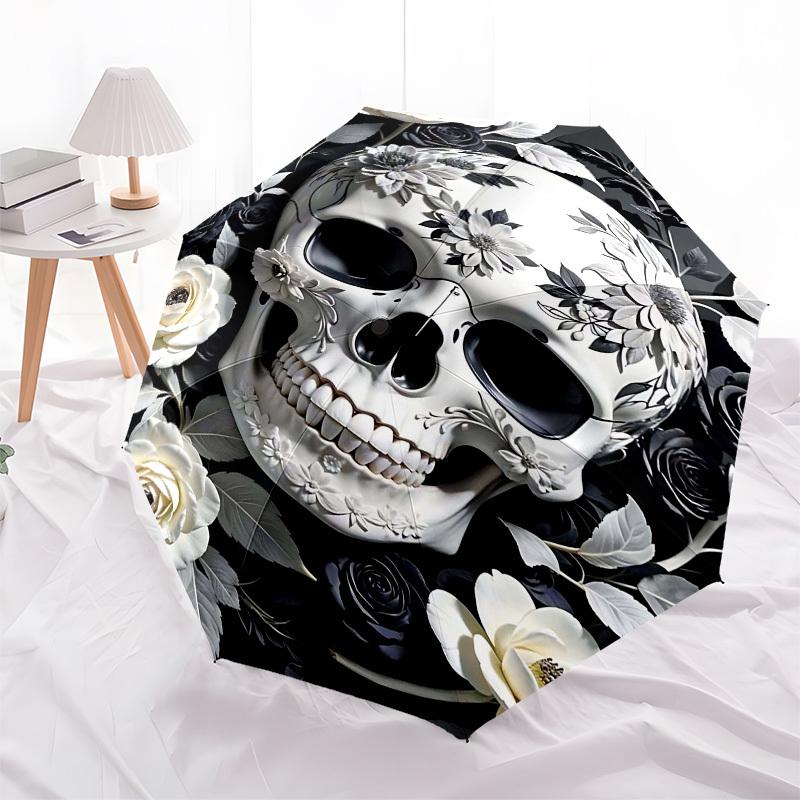 1pc Skull FlowersOpen/Close Umbrella-Windproof, Compact Travel Umbrella, Sturdy 8-Rib Shaft, Outdoor Accessory1164
