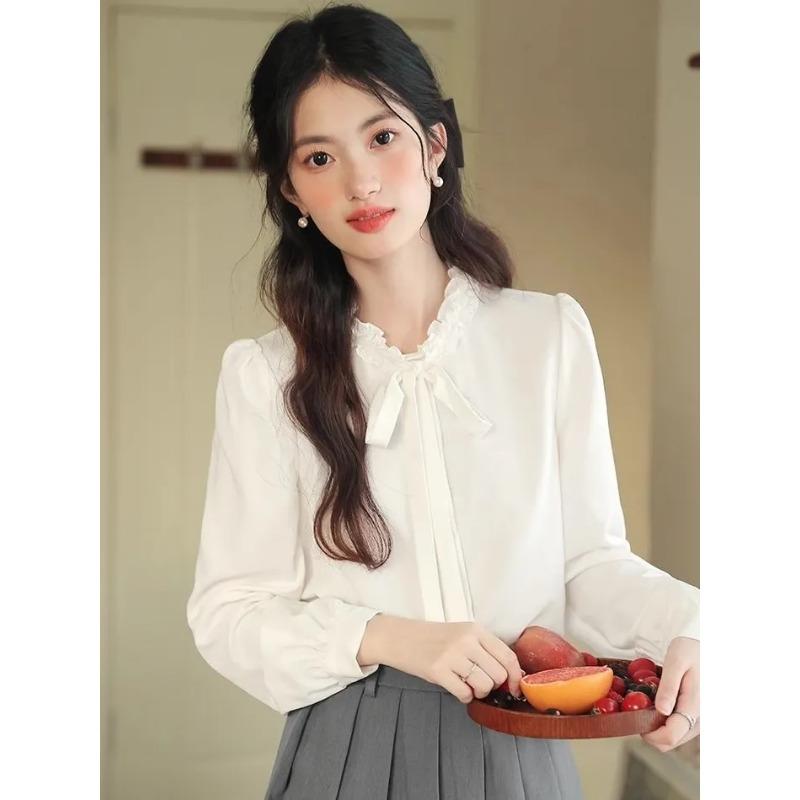 Весенняя женская белая шифоновая блузка с бантом и длинным рукавом S белый