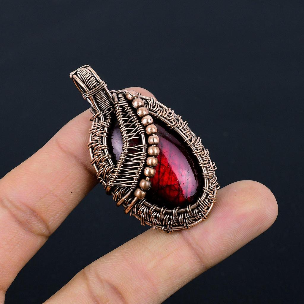 Red Flash Labradorite Pendant, 999 Copper Wire Wrapped Jewelry, Gemstone Jewelry Pendant, Handmade Wedding Gift Jewelry