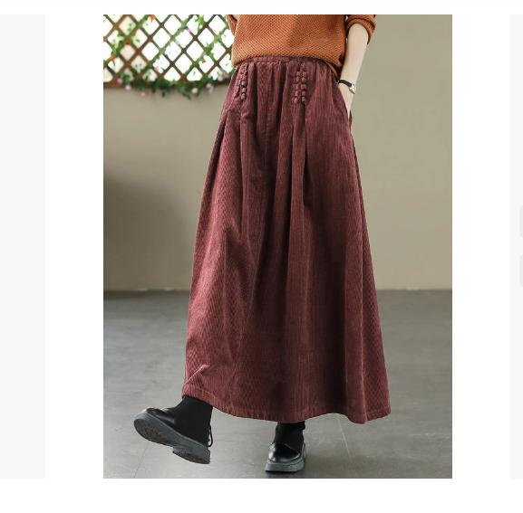 Women Vintage Corduroy A-Line Skirts Elastic Waist Solid Color Patchwork Pockets 2025 Spring New Thick Women Skirts