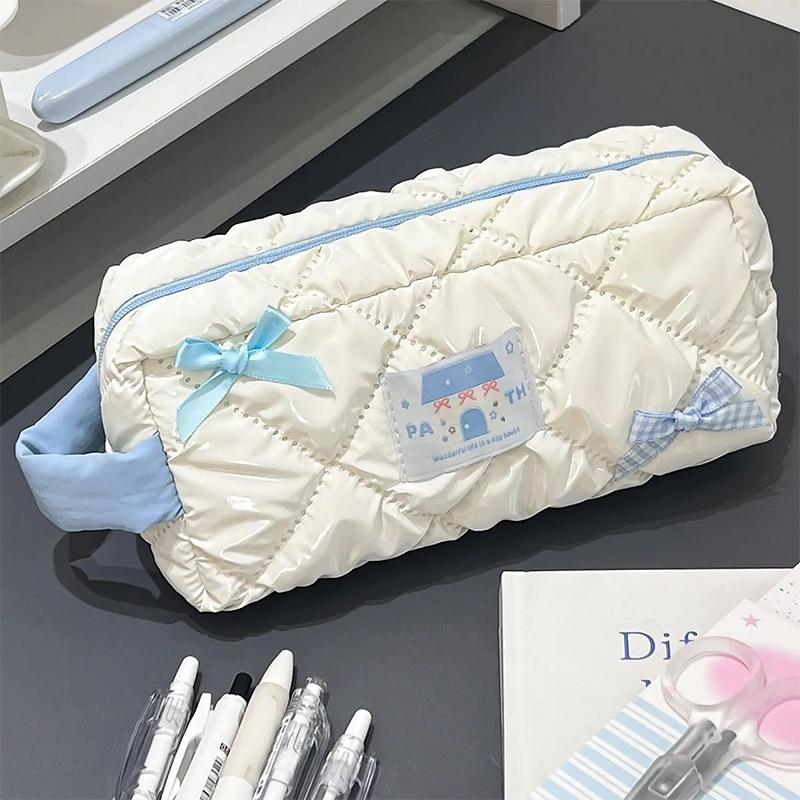 Blue Bow Zipper Pen Storage Bag Women'S Large Capacity Stationery Storage Pencil Case Student Office School Supplies