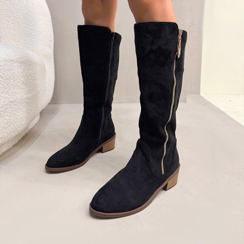 Fashion Women's Chunky Single Boots Spring New Round Head Suede Side Zipper Soft Sole Anti-slip Wear-resistant High Boots