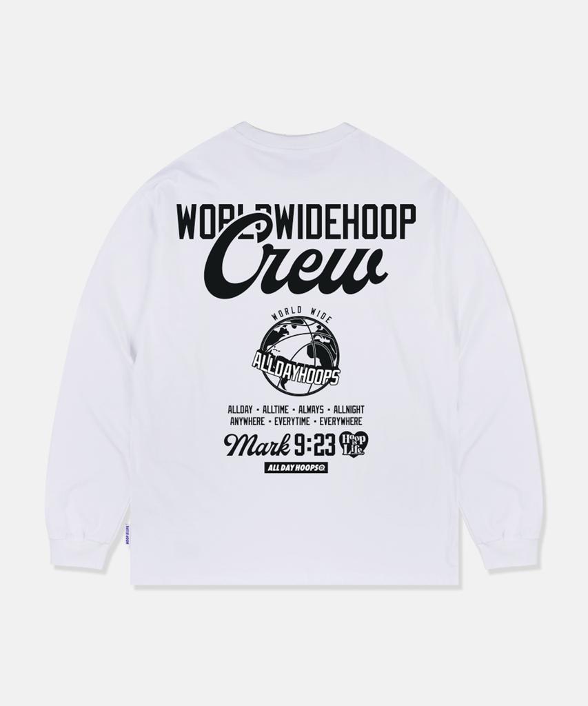ALL DAY HOOPS Worldwide Hoop Crew Script Oversized Long Sleeve T-Shirt White