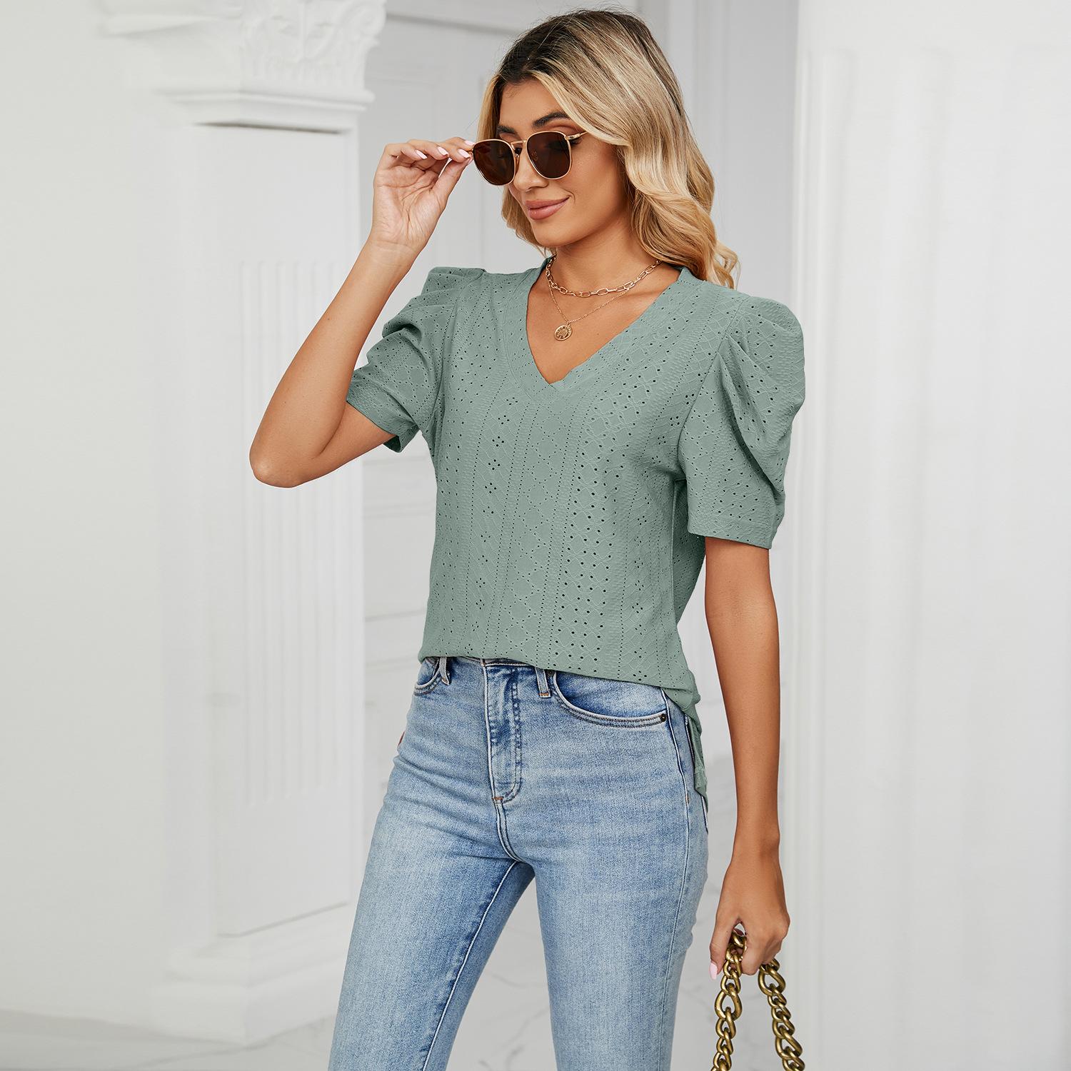 

Летняя женская футболка с v-образным вырезом и объемными рукавами, свободные топы с короткими рукавами L