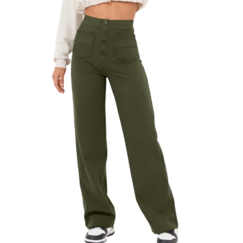 Pantaloni casual da donna alla moda a gamba dritta, pantaloni elasticizzati con bottoni a vita alta e tasche multiple