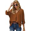 Women's V Neck Three Quarter Sleeve Blouse Loose Fit Office Solid Color High Low Hem Shirt Casual Work Top For Autumn Daily Wear