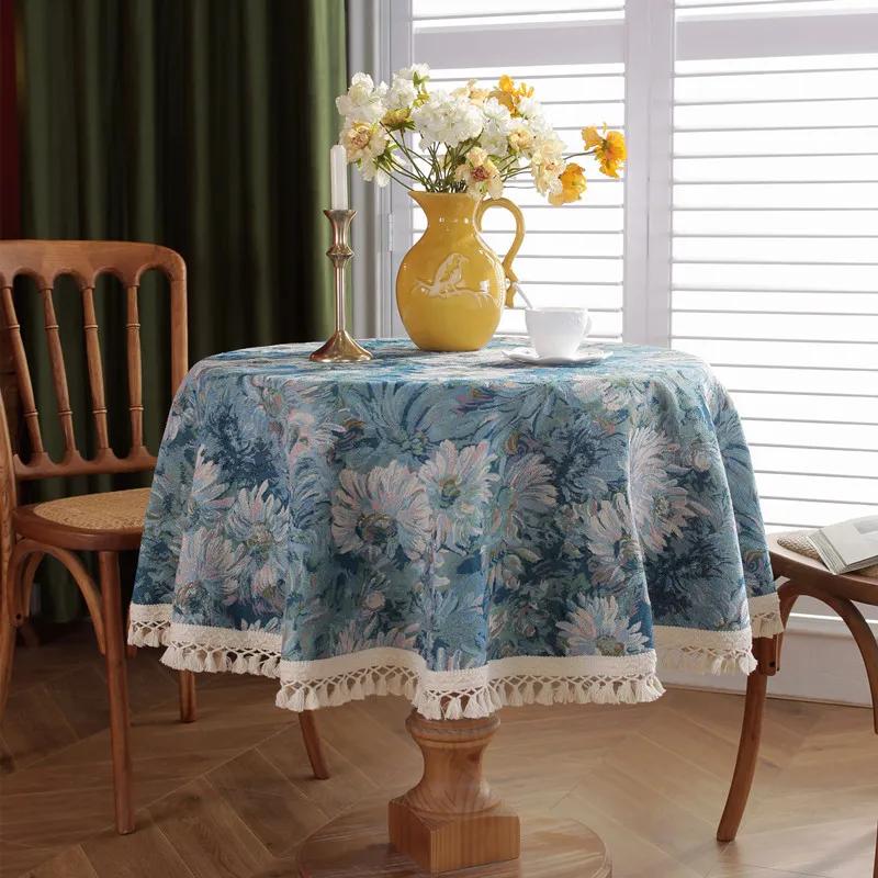 

Floral Linen Cotton Tablecloth With Tassel Blue Retro Table Table Cover Round Dining Table Cover Tea Cloth Desktop Decoratio Diameter 90cm синій