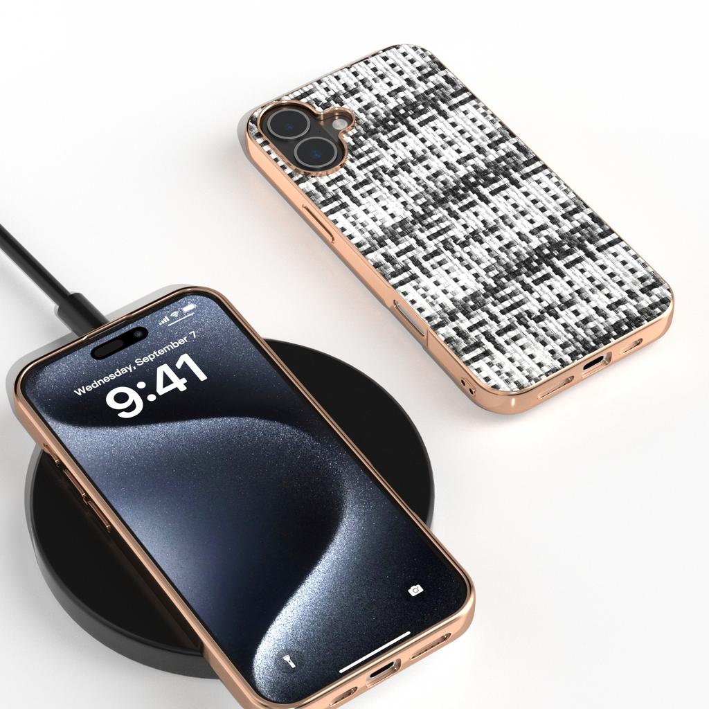 For iPhone 16 Plus Case Electroplating Edge Plaid Texture PU Leather+PC+TPU Phone Cover