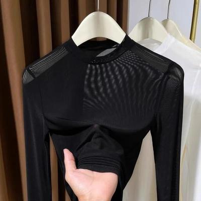 Top Base Donna Bianco Dolcevita Trasparente Manica Lunga Vestibilità Aderente