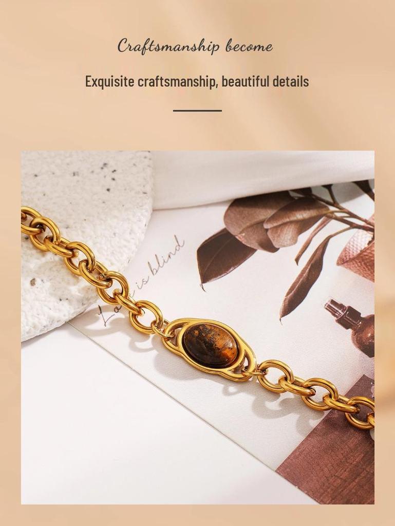 Ying Tai Stainless & Titanium Steel Bracelet with Tiger Eye and Natural Stone, High-Polished, 18k Gold-Plated, Retro European-American Style