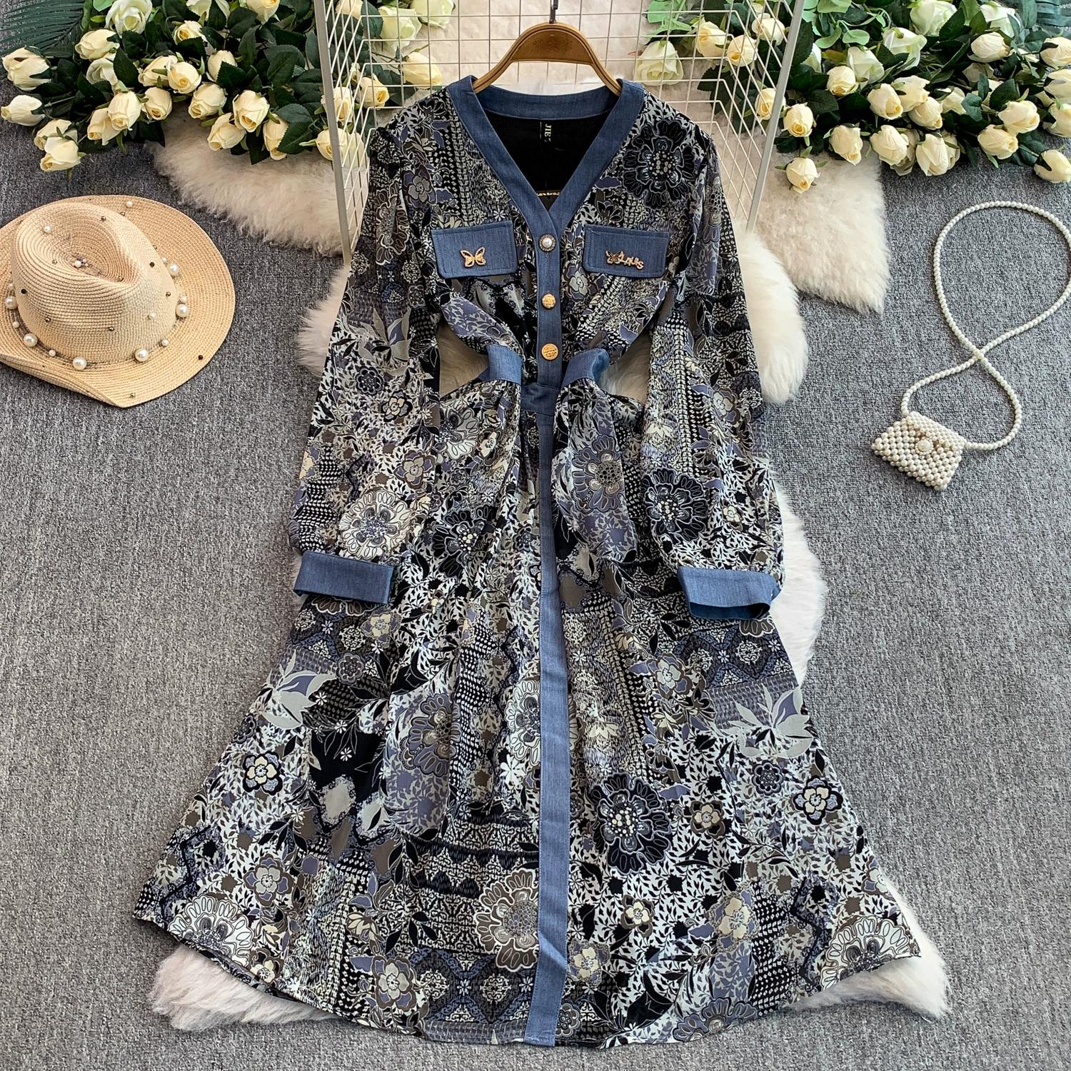 

Весна Осень Женские Винтажные Платья Миди с Длинным Рукавом, V-образным Вырезом и Джинсовой Лоскутной Отделкой One Size темно-серого