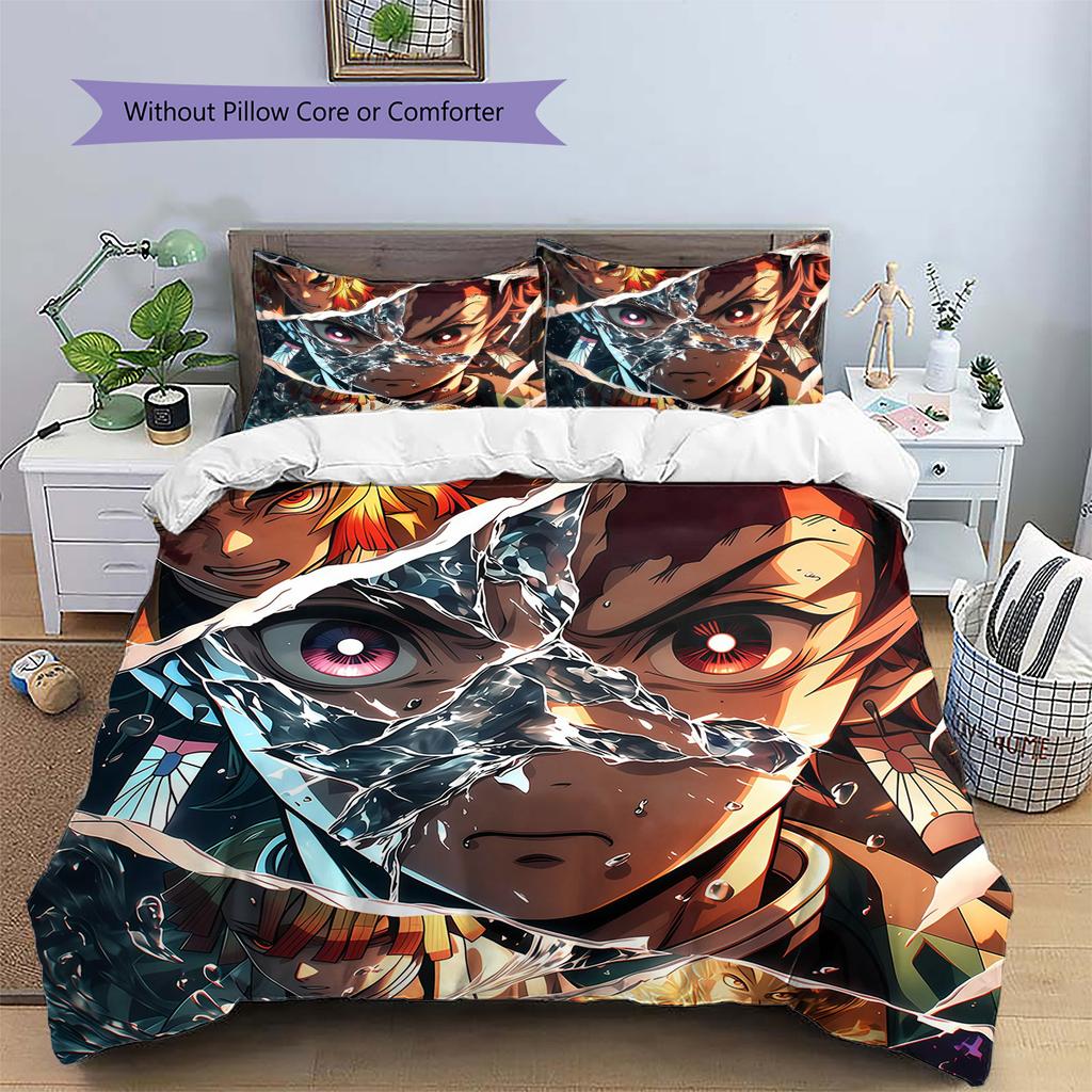 Demon Slayer Kimetsu No Yaiba Pattern Bedding Quilt Set Home Decoration Gift (1 * Duvet Cover + 2 * Pillowcase Without Core)