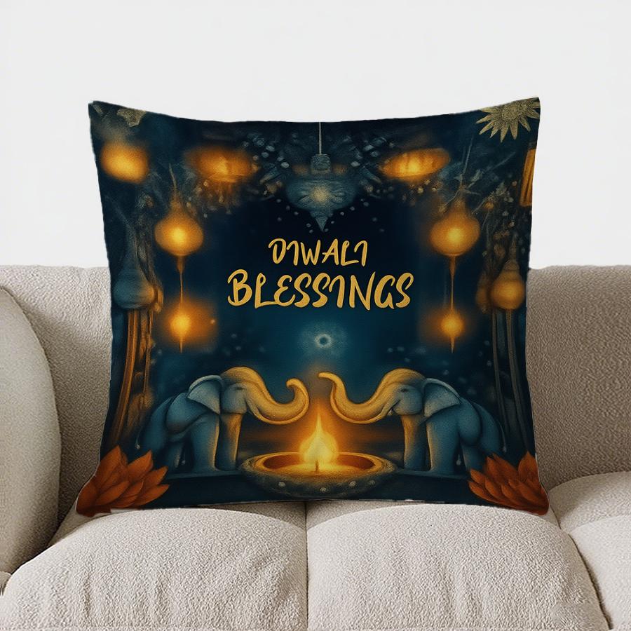 Home Decor Diwali Blessings: Elephants And Lanterns Pillow Pattern Cushion Cover Suitable For Sofa Bedroom Car Pillow Cover