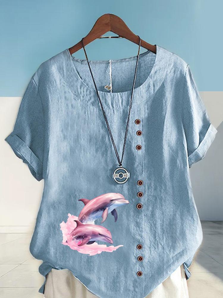 Women's Fashion Couple Dolphin Print Round Neck Short Sleeve T-shirt Summer Casual Cotton Linen Graphic Shirt Leisure Loose Blouse Tops