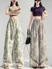 Women's Floral Wide-Leg Pants - Ice Silk, Cotton, Linen, Slimming, Casual Fit for Summer 2026