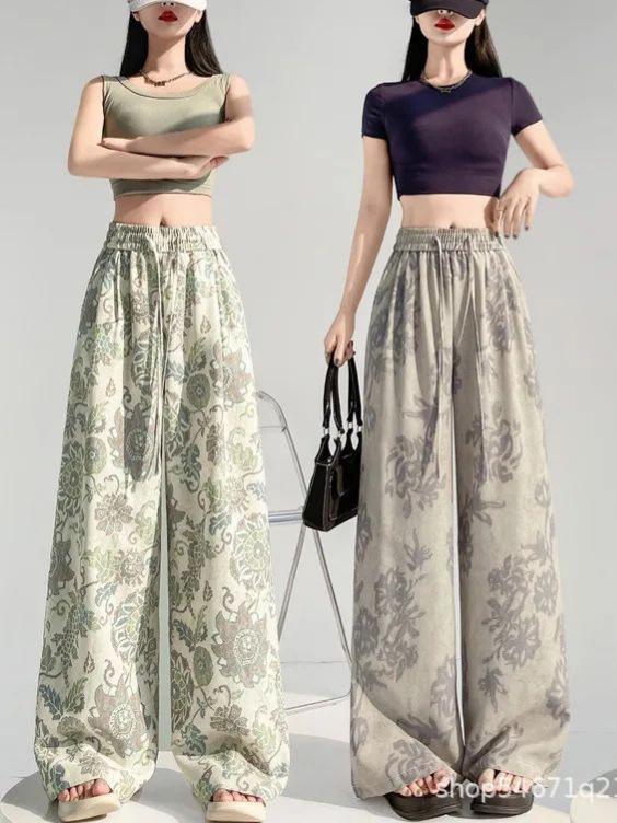 Women's Floral Wide-Leg Pants - Ice Silk, Cotton, Linen, Slimming, Casual Fit for Summer 2026