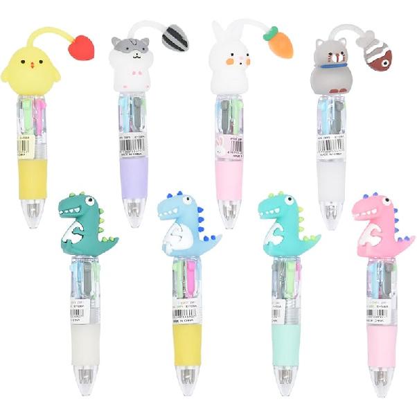 12 Cute Animal Ballpoint Pens, 4 in 1 Retractable Multicolor Ballpoint Pens, Multicolor Pens for Office School Household Supplies, Funny Pens for