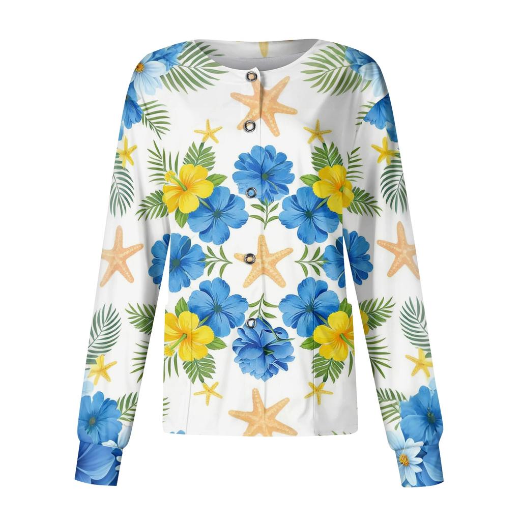 Women's Casual Long Sleeve Single Breasted Hawaiian Floral Print Nurse Jacket Cardigan Top Lightweight Comfortable Workwear