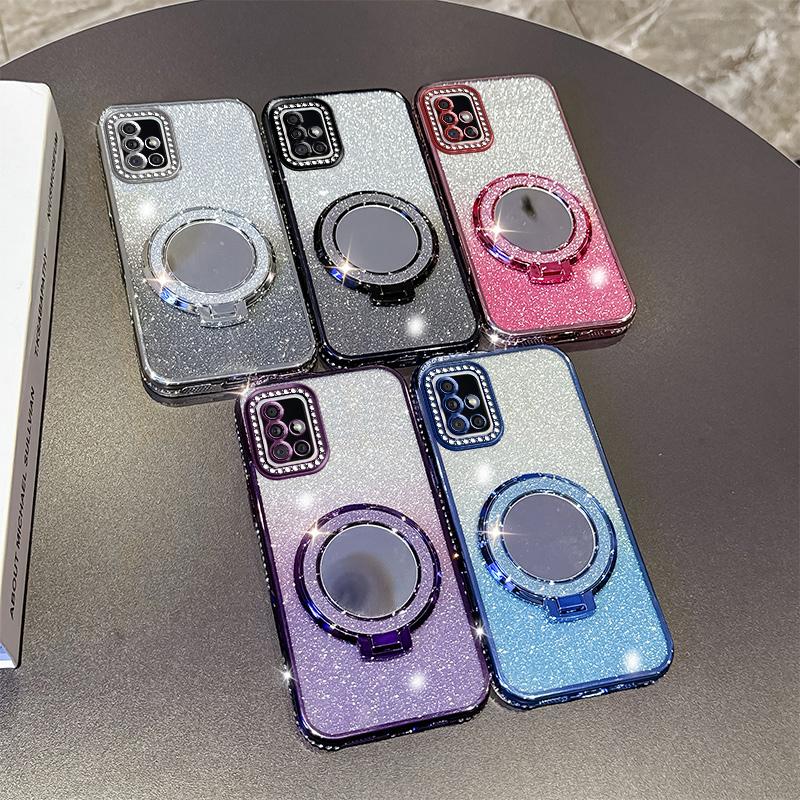 KEYSION Luxury Glitter Jewelled Magnetic Phone Case for Samsung Galaxy A51 4G Makeup Mirror Ring Stand Shockproof Back Cover