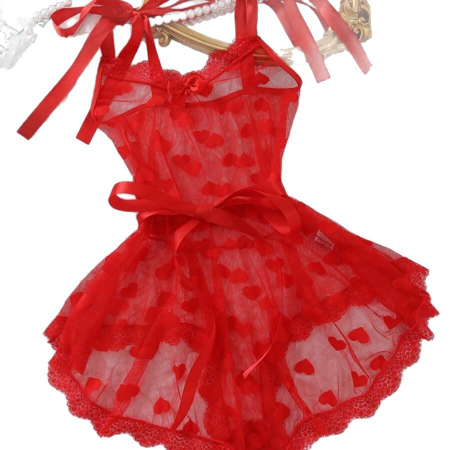 Erotic Underwear European and American Sexy Perspective Mesh Love Printing Suspender Nightdress Set Female Source