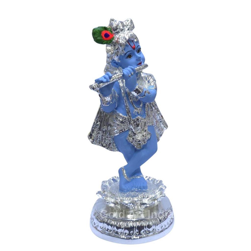 India Lord Krishna Idol | 999 Silver Plated Krishna Statue | Standing Krishna Playing Basuri | Krishna ji for Pooja & Gifting