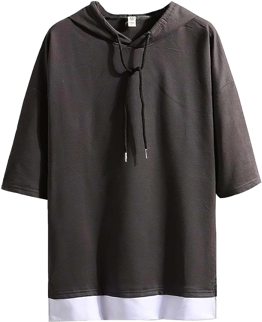 Make 2 Be Sleeve Hoodie Faux Layered Drop Shoulder Cut and Sew Size MF74 Men's 3/4 T-Shirt, Shirt, Pullover, (44.CHARCOAL_XL)