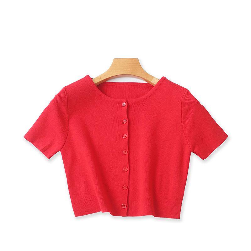 

Летняя футболка с круглым вырезом, на пуговицах, конфетного цвета, подходящая ко всему Red