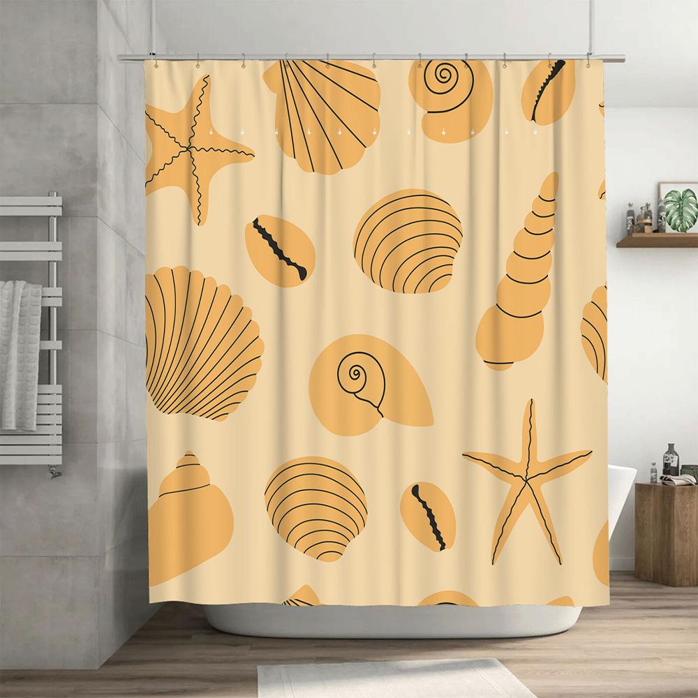 Modern Bathroom Decor Shower Curtain With Shell Print Waterproof Fabric For Bathrooms In Yellow Color Size 180X245Cm