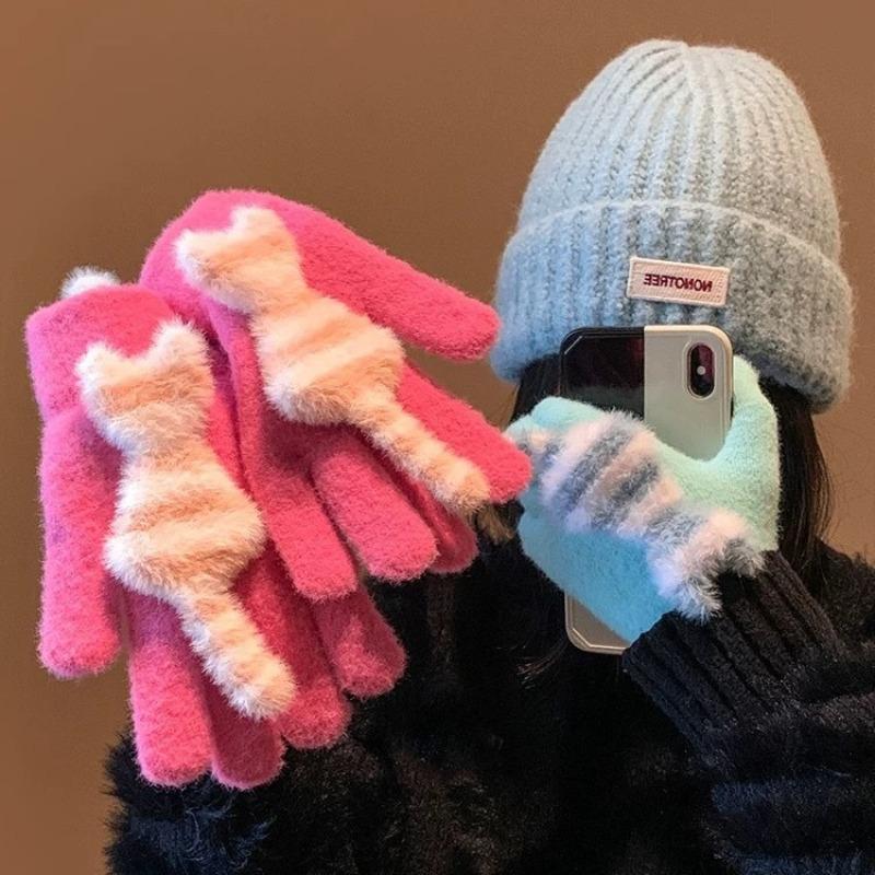 Cute Striped Cat Finger Knitted Wool Gloves Female Winter Thickened Warm Cold Student Riding
