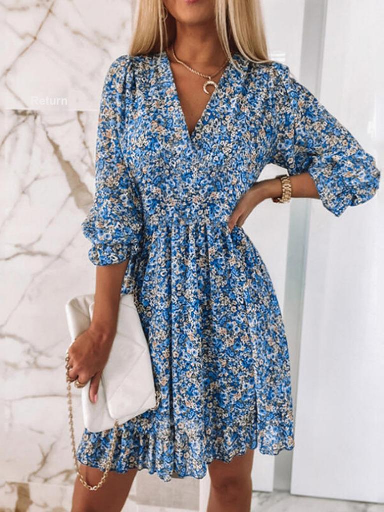 New Women's Long Sleeve Ruched Boho Printed Short Sleeve Floral Dress