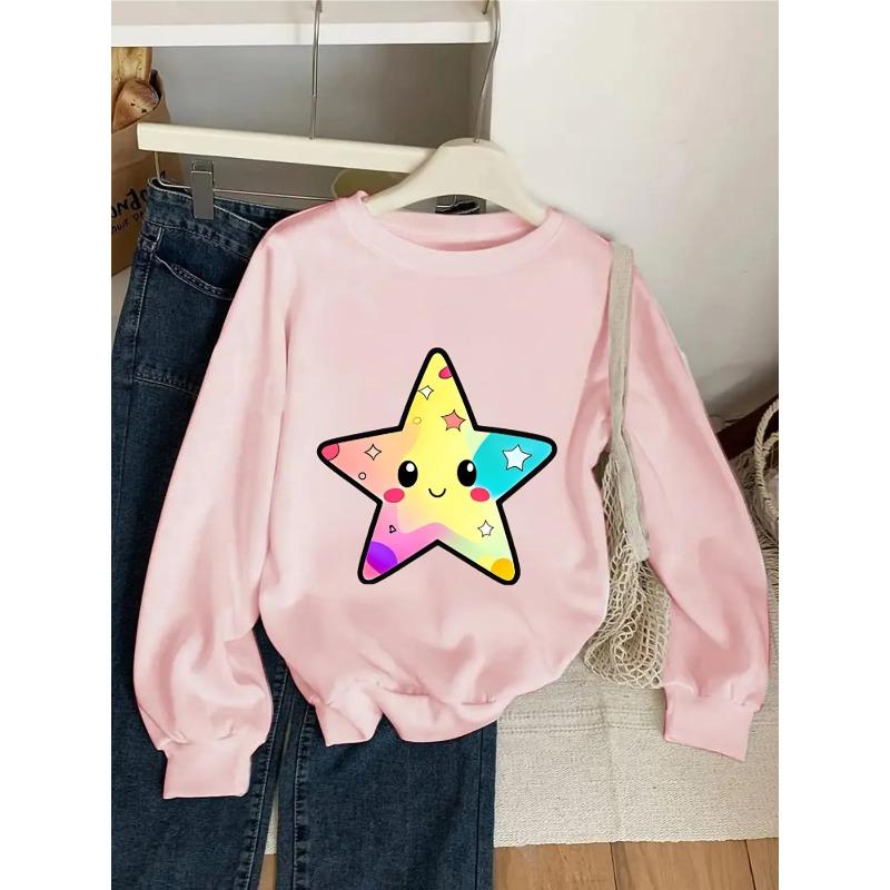 Kids Crewneck Sweatshirt, Cute Cheerful Star Graphic Print, Spring Autumn Casual Sports Top
