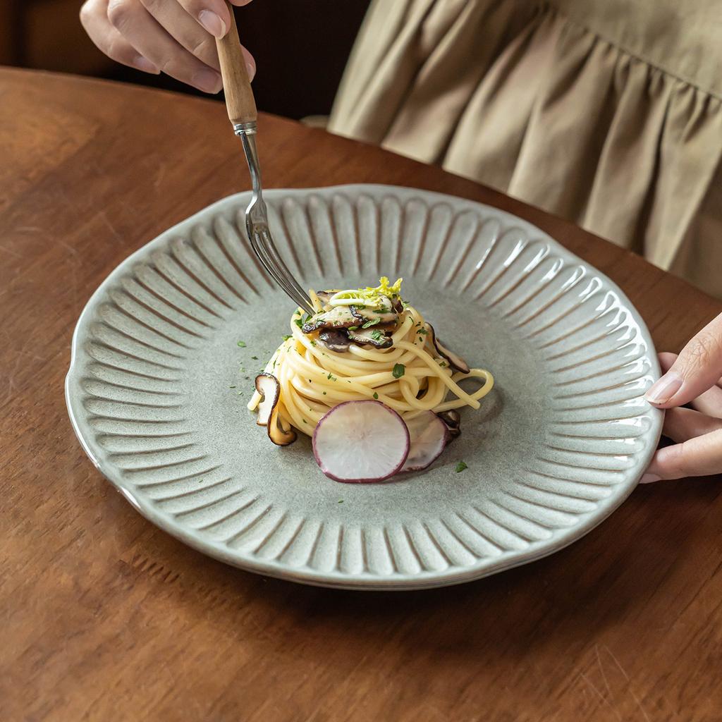 Retro Striped Ceramic Plate Japanese Blue Gray Plate Household Special-Shaped Plate Pasta Plate Vegetable Plate Salad Plate