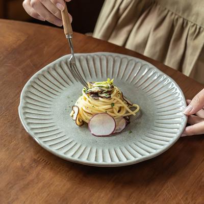 Retro Striped Ceramic Plate Japanese Blue Gray Plate Household Special-Shaped Plate Pasta Plate Vegetable Plate Salad Plate
