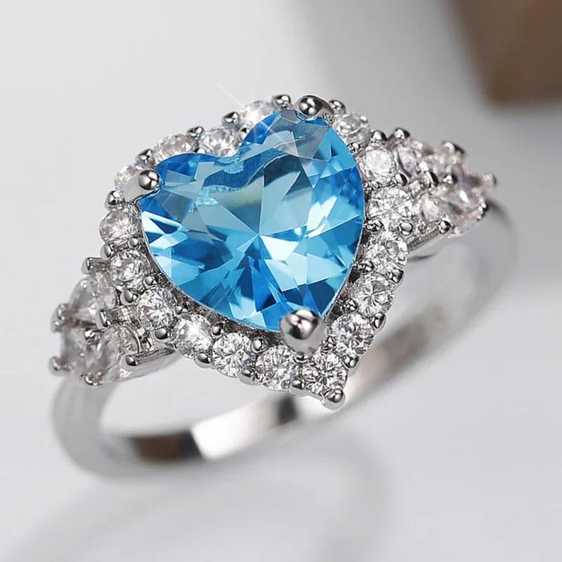 Bridal Wedding Love Water Drop Shining Design French Romantic Horse Eye Blue Zircon Ring Trendy Elegant Jewelry
