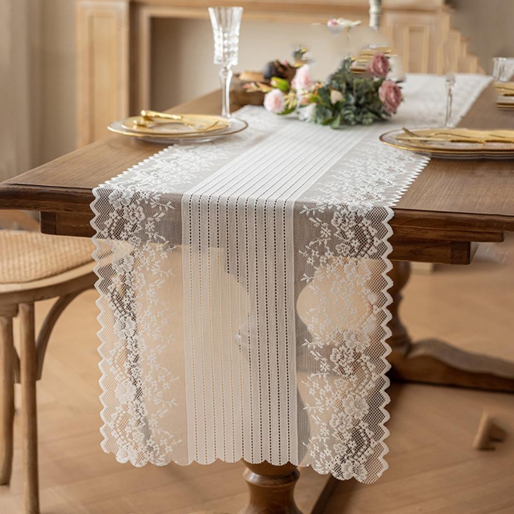 Semi-Sheer Lace Jacquard Table Runner French Romantic Rectangular Lace Tablecloth  Dining Table