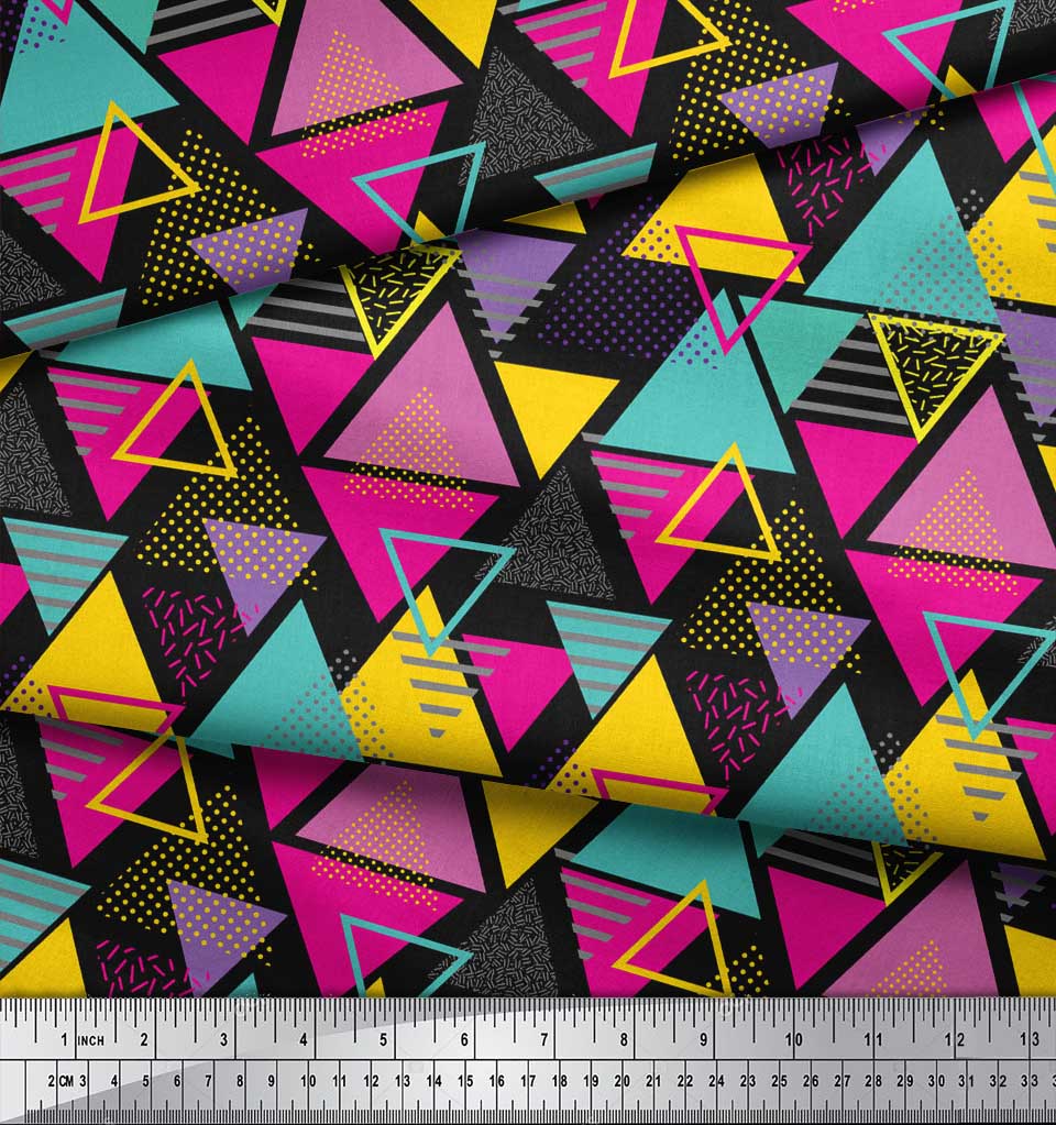 Soimoi Black Japan Crepe Satin Fabric Triangle Art Geometric Print Fabric by the Metre 42 Inch