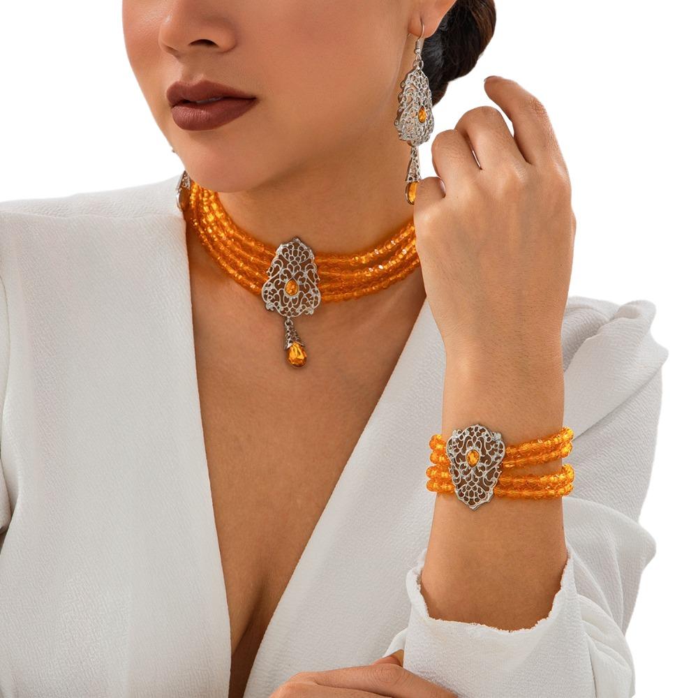 Multilayer Pearl Beaded Bracelet Shiny Necklace Earring Set Temperament Bridal Jewelry Set  Lady