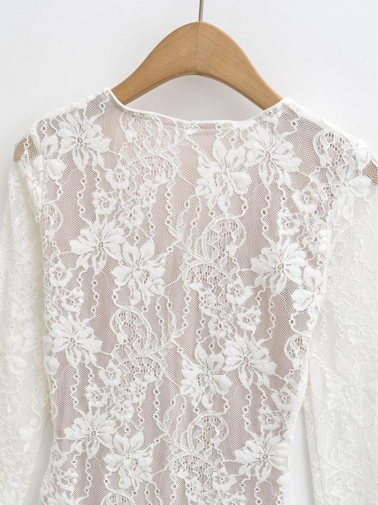 Elegantní krajkový body 2026 se zipem a výstřihem do V - Stylový, zeštíhlující top s dlouhým rukávem