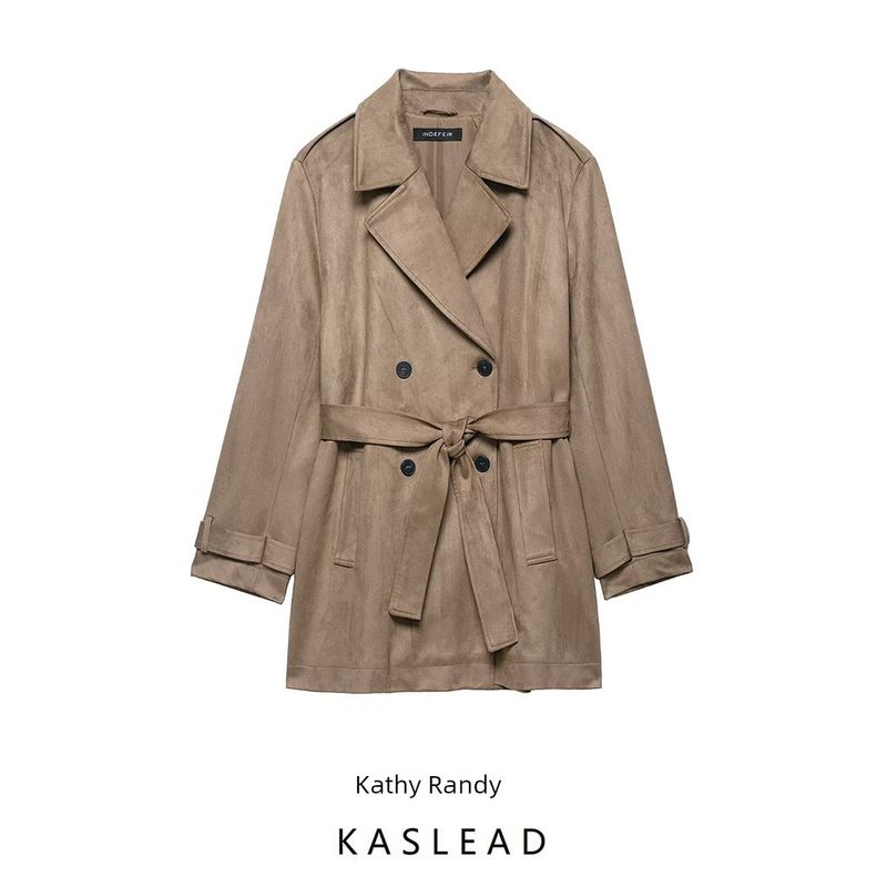 Kaslead New Women Clothes Western Style Simple Suede Effect Mid-Length Trench Coat 3046279 704