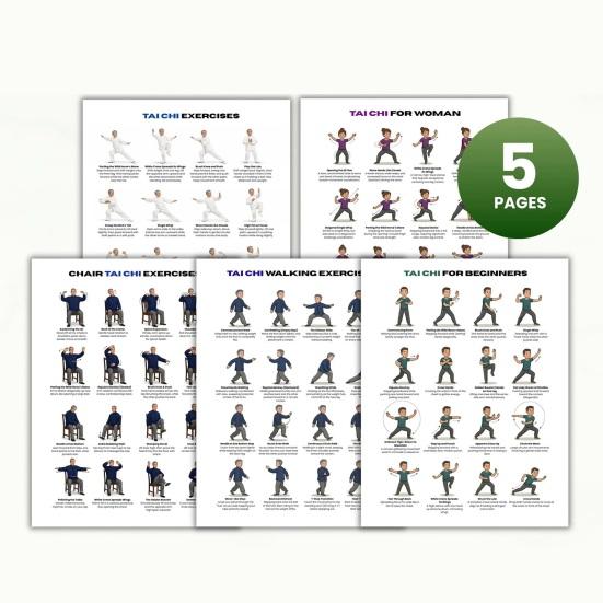Tai Chi Workout 5-Poster-Set für Senioren Anfänger Gehen Gleichgewichts-Übungskarten für gelenkschonendes Fitness Heim-Fitnessstudio Wanddekoration für ältere Menschen Mobilität