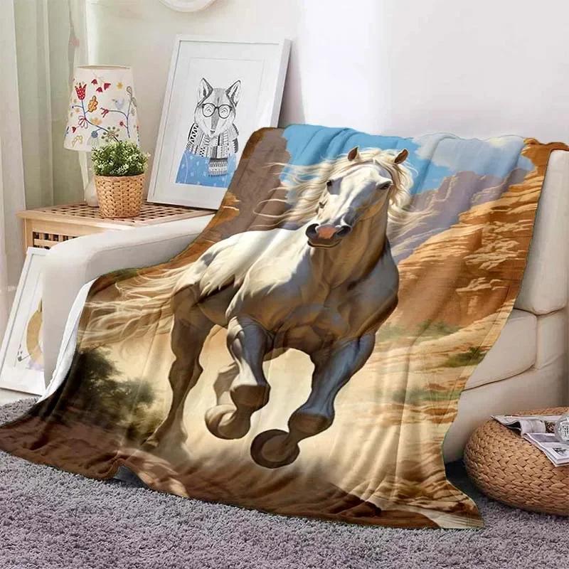 3D Cartoon Horse Print Flannel Throw Blanket – Soft Warm Picnic Blanket, Retro Home & Travel Birthday Gift, Cozy Comfort