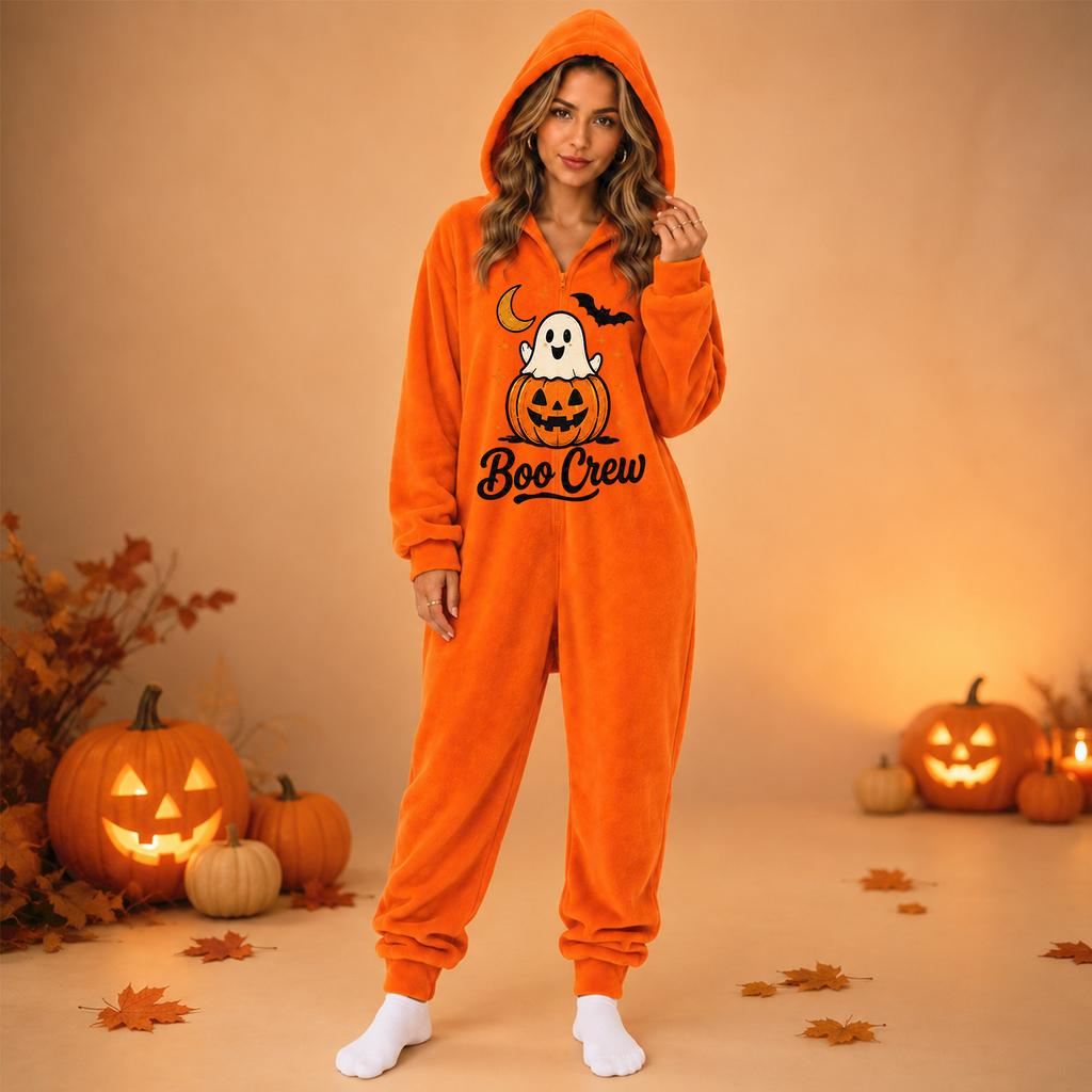Women's Flannel One-Piece Jumpsuit with Halloween Print for and Costume Wear