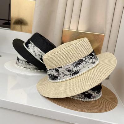 Elegant Concave Straw Top Hat In Ink Painting, Spring and Summer Sunshade, Sun Protection, Outdoor Straw Hat