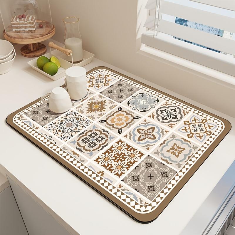 [Coffee Pattern Countertop Mat] Diatom Mud Coffee Machine Mat | Anti-Slip Dish Drying Drainage | Easy Clean Washable | Kitchen Coffee Bar Worktop