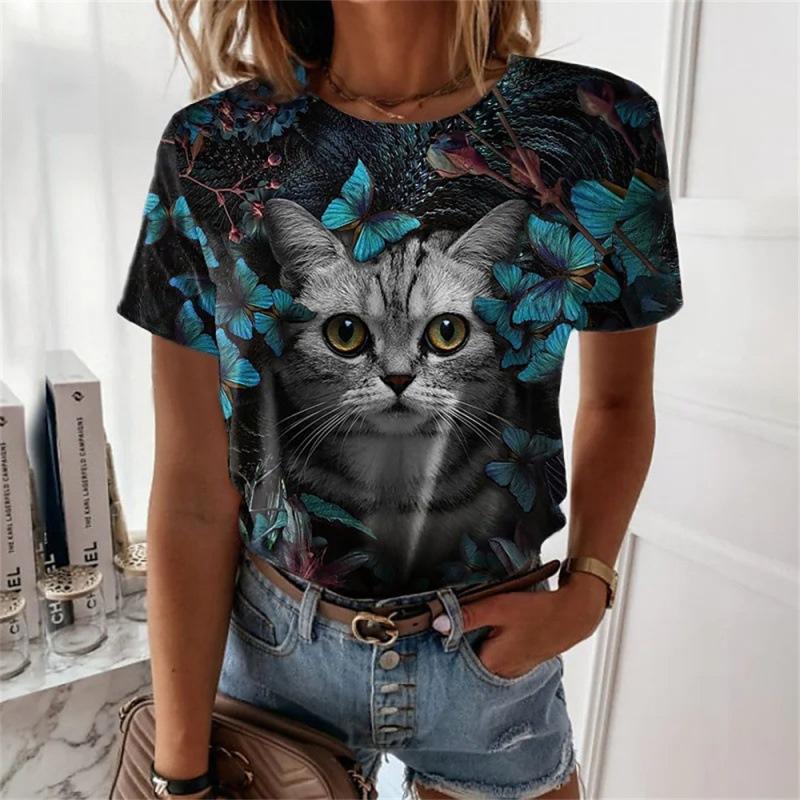 Cute Cat Pattern T Shirt For Women Pet Animal Printed Short Sleeves Tees Summer Casual Loose T-Shirts Streetwear O-Neck Tops